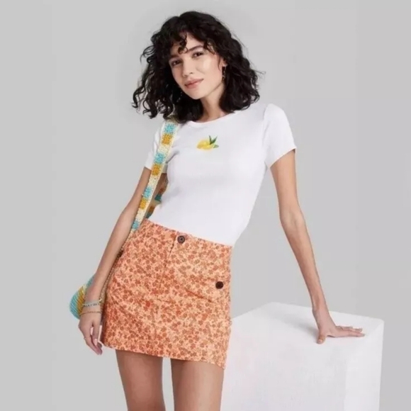 Wild Fable-Orange Floral Chino Button Detail High Rise Mini Skirt - Picture 1 of 5